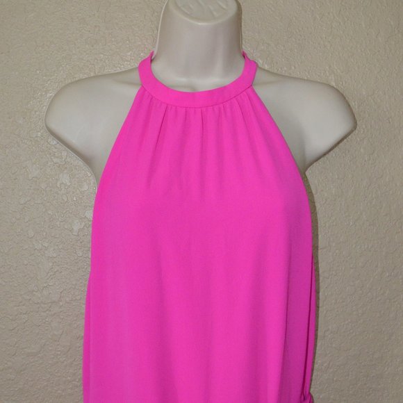 $288 Sz S Anthropologie SAYLOR Hot Pink Halter Style Tie Waist Slit Back Romper - Picture 3 of 10